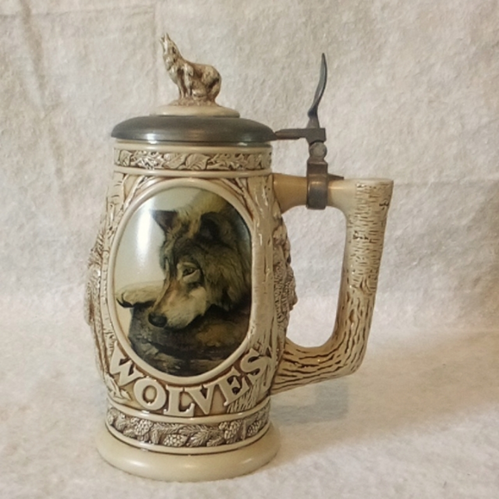 Wolf Oack  beer Stein vintage 1997  Avon pottery ceramic & pewter limited ed